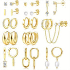 Juego de 13 Pares de Aros Pequeños Dorados para Mujer, Baño en Oro 14K, Ligeros y Hipoalergénicos, Pendientes Delgados Tipo Huggie, Ideal para Regalo