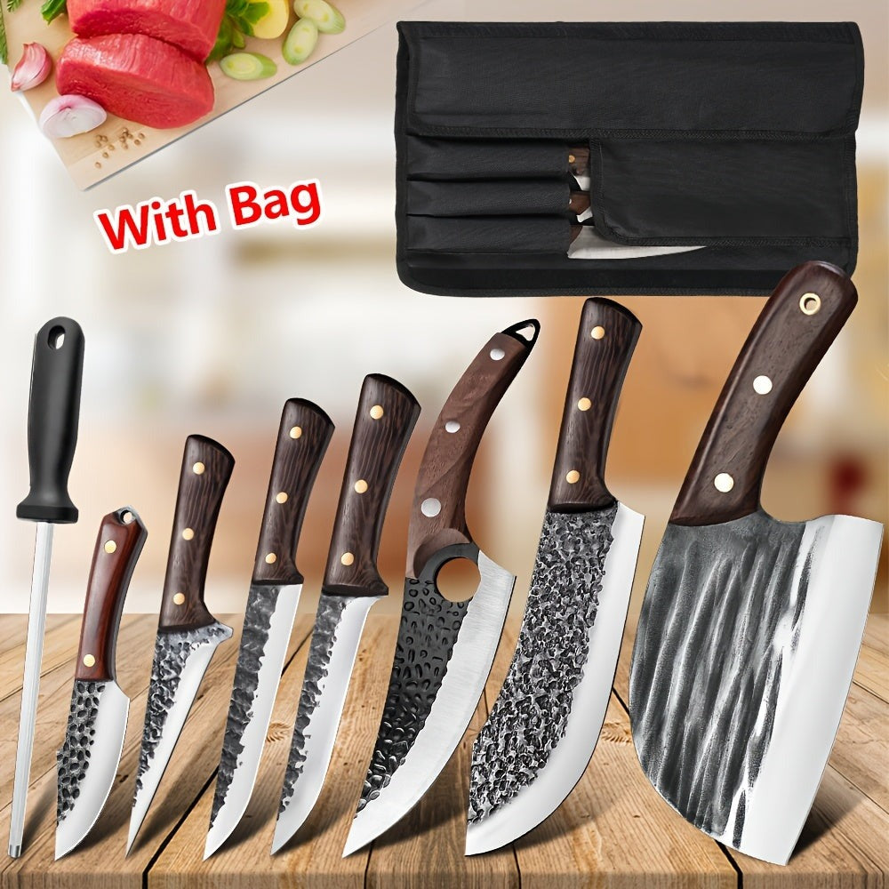 Juego de 8 cuchillos japoneses de acero inoxidable 5Cr15, juego completo de cuchillos de cocina de alta calidad: cuchillo de chef, cuchillo de carnicero, cuchillo de cocina para verduras, con mango de madera y bolsa de nailon, para regalos de mujeres y ho