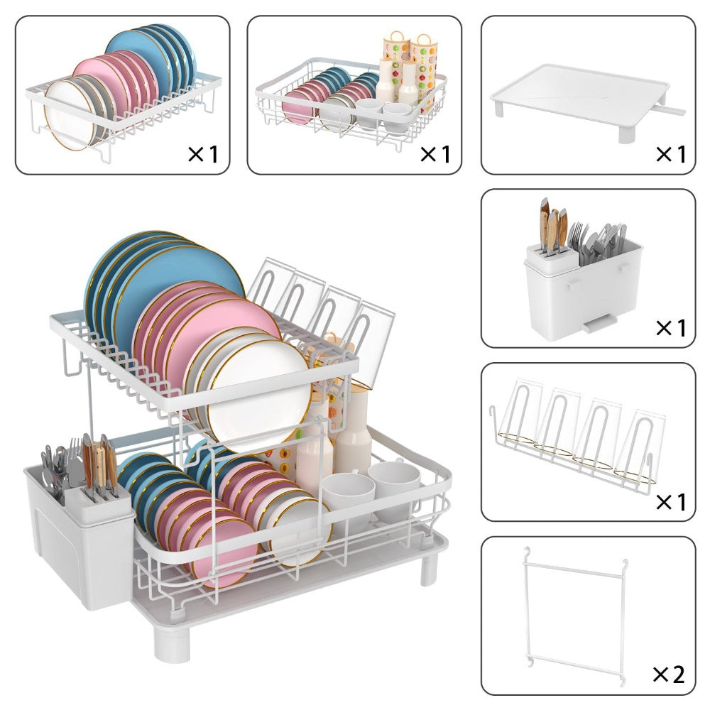 Estante de Platos de Doble Capa, Escurridor de Platos con Plato de Drenaje y Boquilla Giratoria, Estante de Platos con Organizador de Cubiertos y Portavasos - Regalo Perfecto para Mujeres, Esposa, Día de la Madre, Accesorio de Cocina