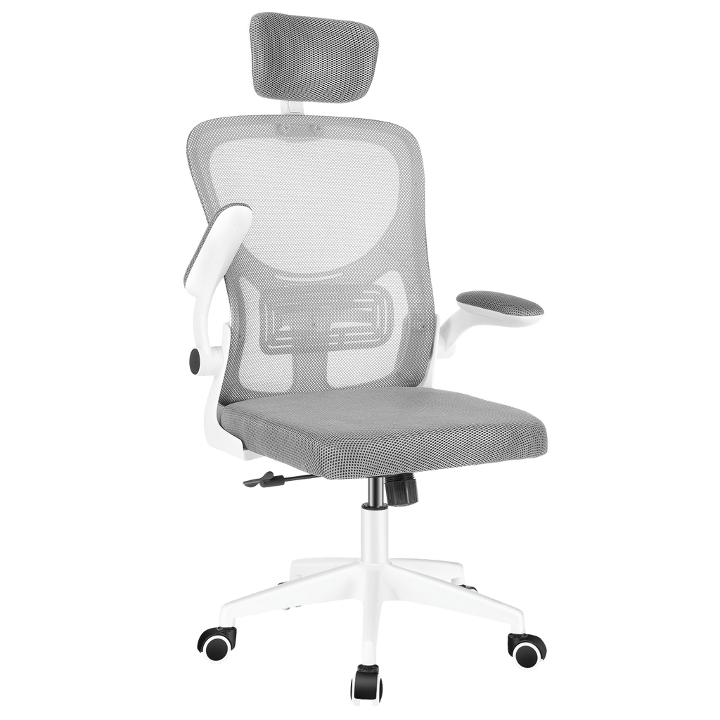 Silla de Oficina con Función de Inclinación de 105°, Silla de Oficina Ergonómica con Soporte Lumbar, Reposacabezas y Reposabrazos Ajustable, Silla Giratoria, Silla de Oficina de Altura Ajustable 120Kg, Blanca