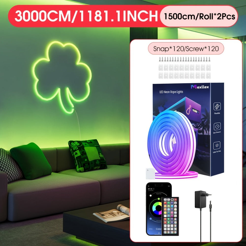 30m/20m/15m/10m/5m Luces LED Neon Flexibles Inteligentes con Control por App/Mando, Alta Calidad, Regulables, Lámpara RGB para Exteriores, Sincronización Musical o DIY, Función Temporizador para Habitaciones, Regalos
