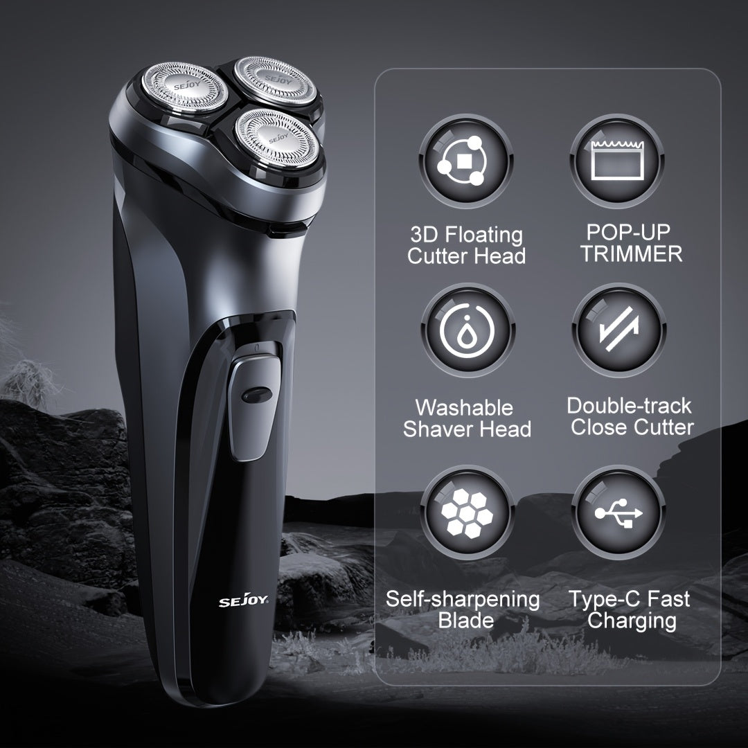 Afeitadora Eléctrica para Hombre, Afeitadora Eléctrica SEJOY para Hombre Rostro, Afeitadora Recargable Húmeda Seca con Recortadora Emergente, Carga Rápida de 1 Hora, Cabezal Flotante 3D, Indicador de Energía LCD