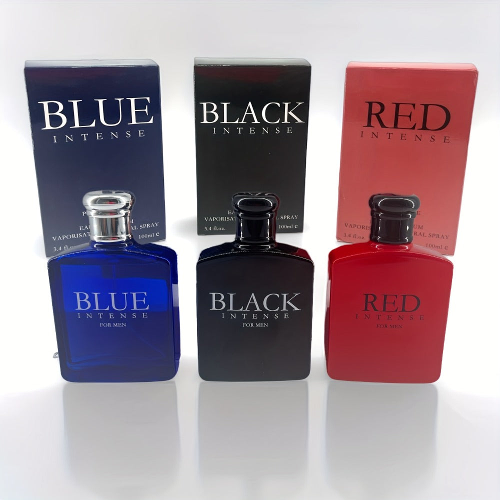 Un juego de tres colonias para hombre (botellas roja/negra/azul, se pueden vender por separado), con capas ricas de fragancia, que muestran el encanto individual y un temperamento maduro y misterioso