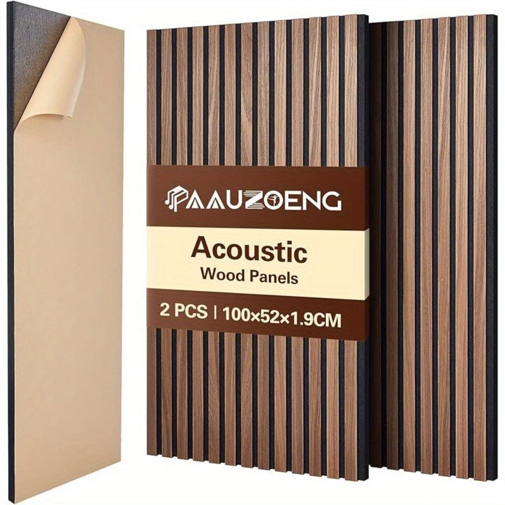 Juego de 2 paneles acústicos autoadhesivos, de 100X52 cm, diseñados para insonorización y reducción de eco. Estos paneles de revestimiento de madera son perfectos para decorar paredes en salas de estar, oficinas y hogares.