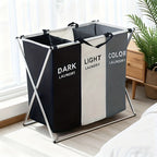 Cesto de lavandería plegable extra grande con tres compartimentos, cesta clasificadora de ropa plegable - Tela Oxford, estructura de aluminio duradera, bolsa de almacenamiento portátil y rectangular con asas - Perfecto para usar en el baño o el dormitorio