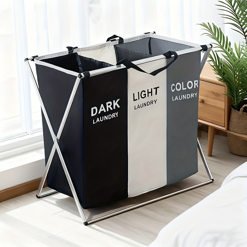 Cesto de lavandería plegable extra grande con tres compartimentos, cesta clasificadora de ropa plegable - Tela Oxford, estructura de aluminio duradera, bolsa de almacenamiento portátil y rectangular con asas - Perfecto para usar en el baño o el dormitorio
