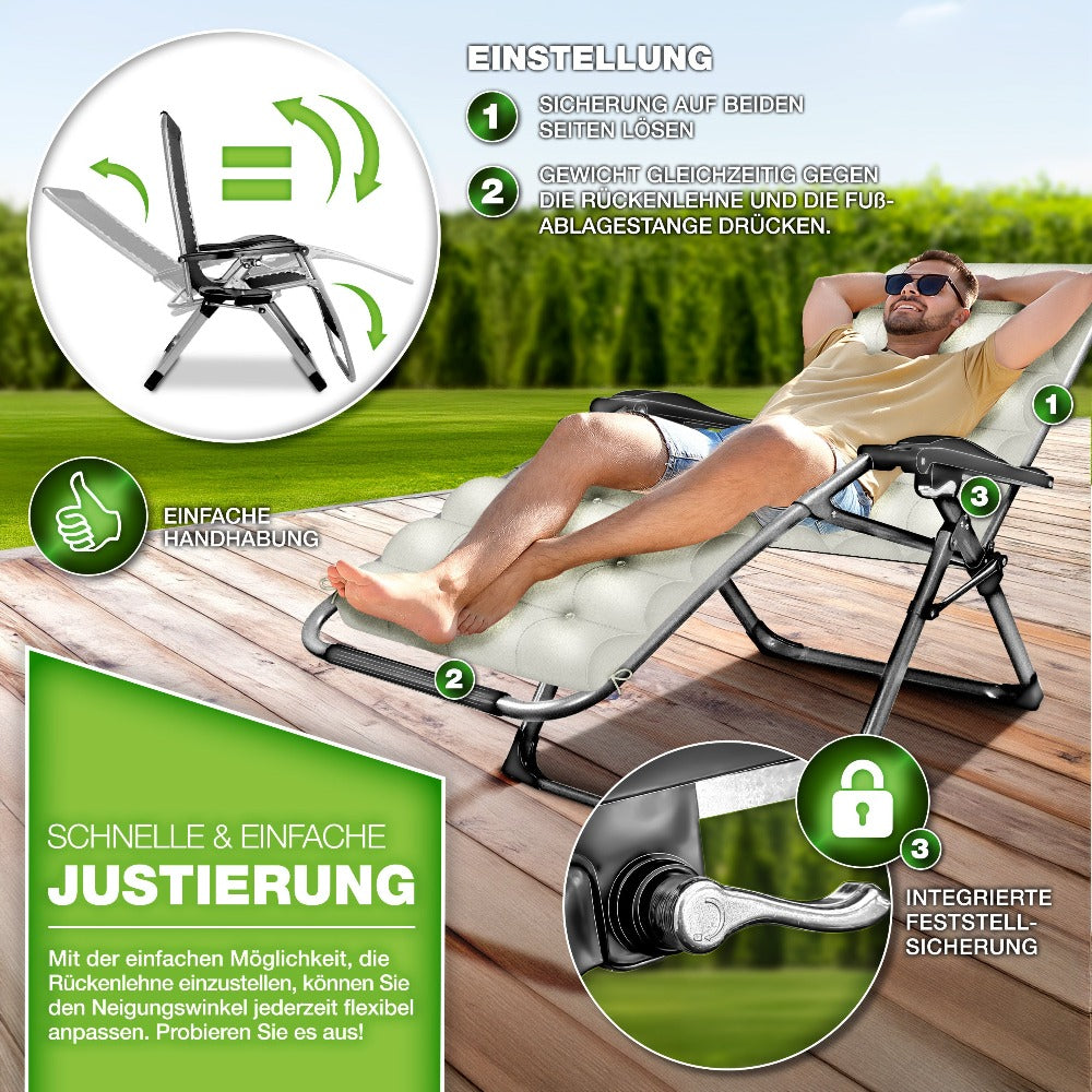 Tillvex® Tumbona Reclinable Plegable hasta 200Kg, Sillón de Sol para Jardín Exterior, Resistente a la Intemperie para Balcón, Jardín y Terraza, Ajustable con Acolchado Grueso, Reclinable, Extra Ancha, con Soporte para Bebidas