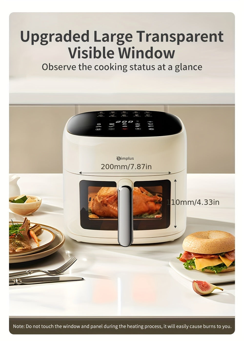 La freidora de aire Simplus tiene una amplia capacidad de 6.5L, adecuada para 5 a 8 personas. Es compacta para un fácil almacenamiento y cuenta con una ventana de cocción visual junto con una pantalla táctil LCD holográfica completa para un uso sencillo.