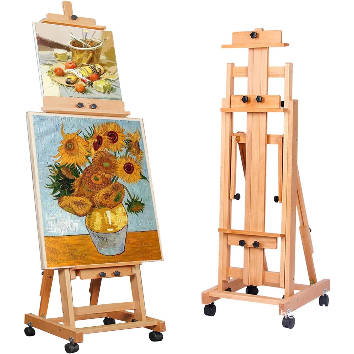 Caballete de gran tamaño de alta resistencia con estructura en H para adultos - Soporte de artista plegable con ruedas y altura ajustable con base de madera, sostiene 1 o 2 lienzos de hasta 240 cm, caballete de pintura portátil para estudio, exhibición al