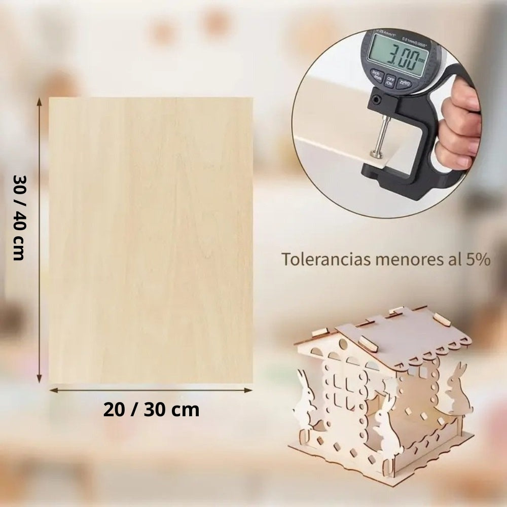 12 pcs Paneles de madera contrachapada sin tratar 3 mm – Tablas para manualidades, carpintería DIY, grabado láser, corte, pintura y decoración – Tamaños 30 × 20 cm / 40 × 30 cm