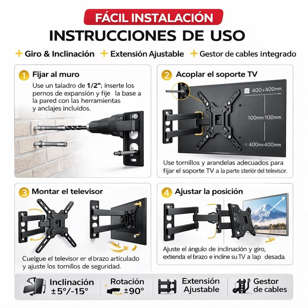 AOREX Soporte TV de Pared Pantallas de 32-60 Pulgadas, Articulado Inclinable y Giratorio, hasta 31.8 kg, MAX VESA 400x400mm