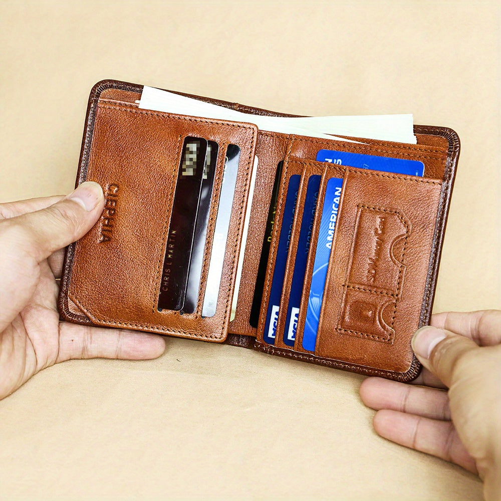 Cartera de Cuero Genuino para Hombre con Juego de Tarjetas de Bendición, Bloqueo RFID, Ultra Delgada, Piel de Vaca de Primera Calidad, Porta Tarjetas de Identificación y Crédito Multifuncional Compacto, Regalo para Navidad, Día de San Valentín y Día del P
