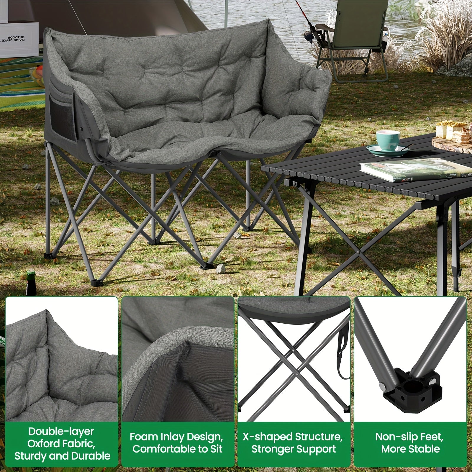 Silla de camping plegable doble con almohadilla suave y espesa, silla de descanso de alta carga para patio y balcón, silla de ocio de gran carga de 220 kg, portátil, adecuada para camping en patio, camping, piscina al aire libre.