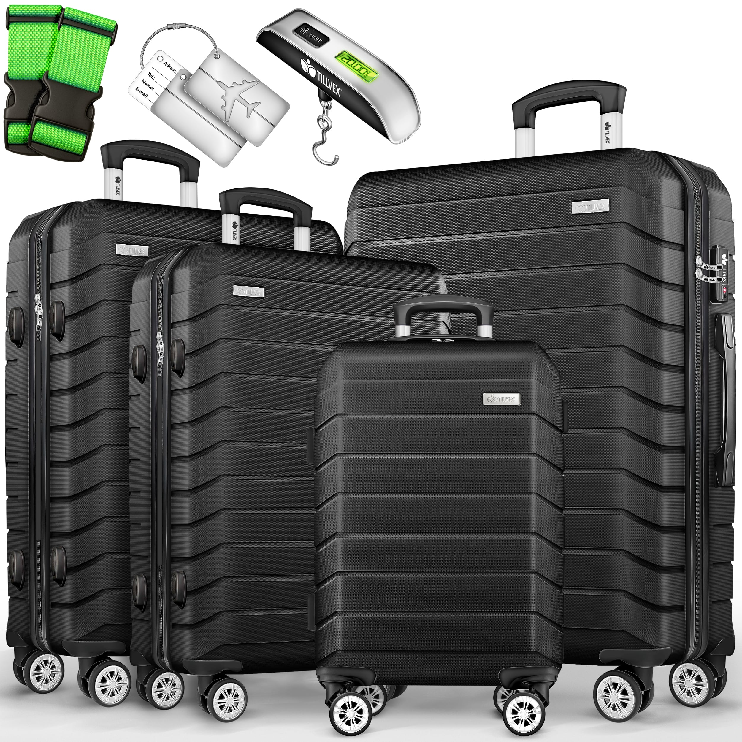 Tillvex® Juego de Equipaje de Viaje con Báscula, Correas y Etiquetas | Maleta de 4 Ruedas | Equipaje con Candado TSA | Juego de Maletas de Carcasa Dura