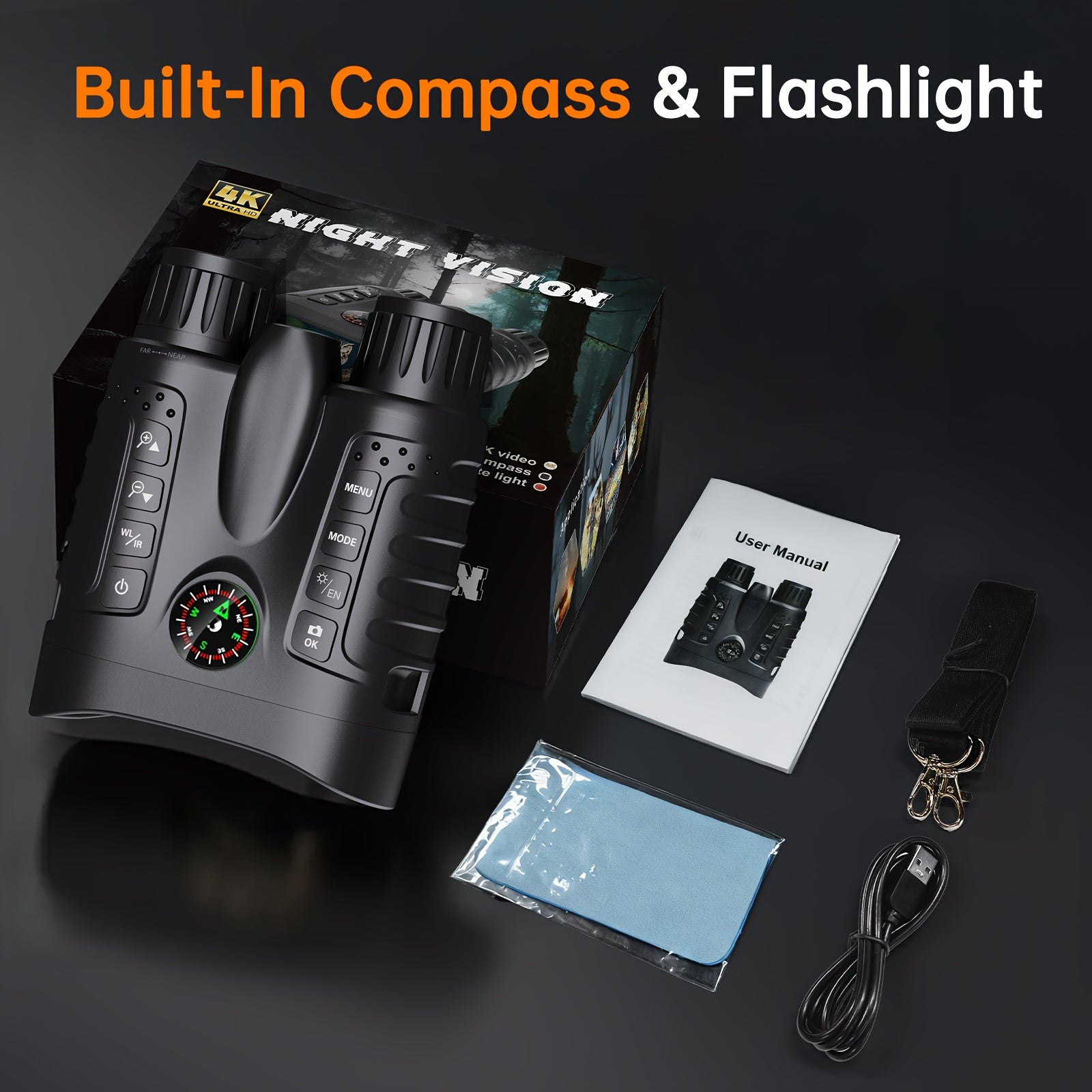 Binoculares de Visión Nocturna Infrarroja 4K con Gafas Protectoras, Zoom 8x, Capacidad de Grabación de Fotos y Videos, Batería Recargable de Larga Duración, Pantalla Grande de 8.13 cm, Incluye Correa de Transporte, Portátil para Excursiones, Versátil para