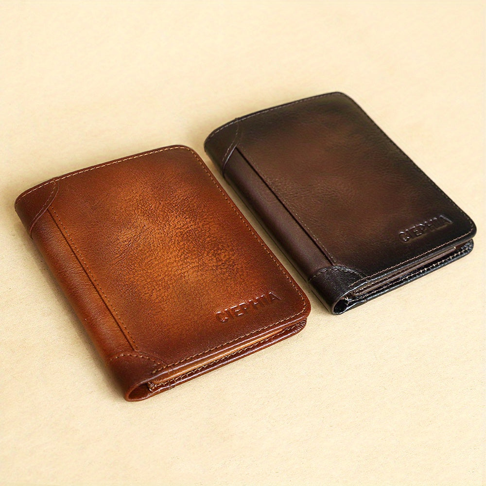 Cartera de Cuero Genuino para Hombre con Juego de Tarjetas de Bendición, Bloqueo RFID, Ultra Delgada, Piel de Vaca de Primera Calidad, Porta Tarjetas de Identificación y Crédito Multifuncional Compacto, Regalo para Navidad, Día de San Valentín y Día del P