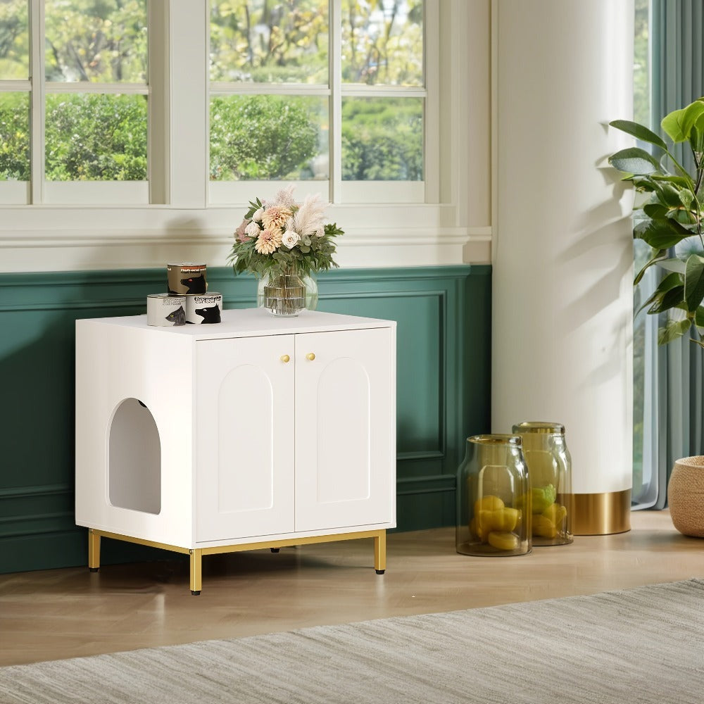 Gabinete para Gatos, Caja de Arena para Gatos, Casa para Gato con Puerta, Mesa Auxiliar de Madera para la Casa del Mascota, 50 X 60 X 61cm, Gabinete Estable para Gatos, Blanco y Dorado