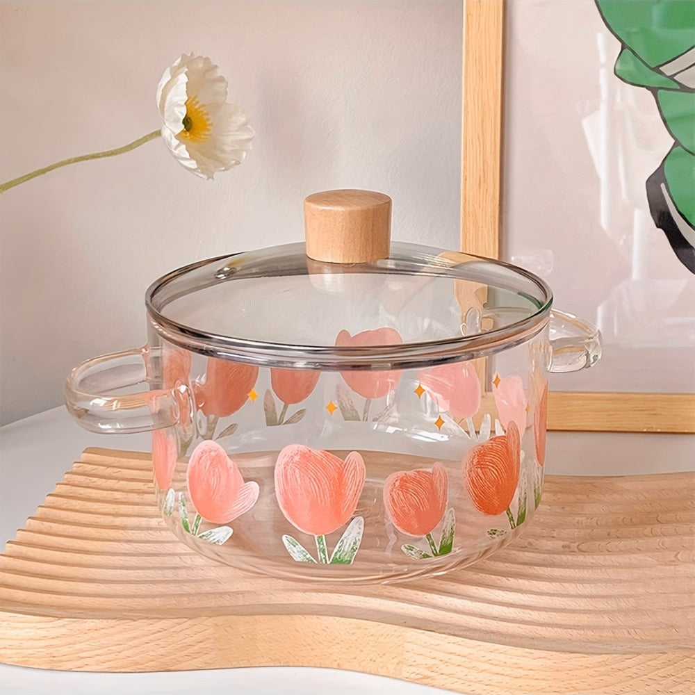 1 pieza de olla de vidrio con estampado de tulipán para sopa, 1500ml/50.7oz. Hecha de vidrio de borosilicato, adecuada para estufas de gas, estufas portátiles, estufas de cartucho, cerámicas eléctricas, no apta para cocinas por inducción, ollita pequeña c