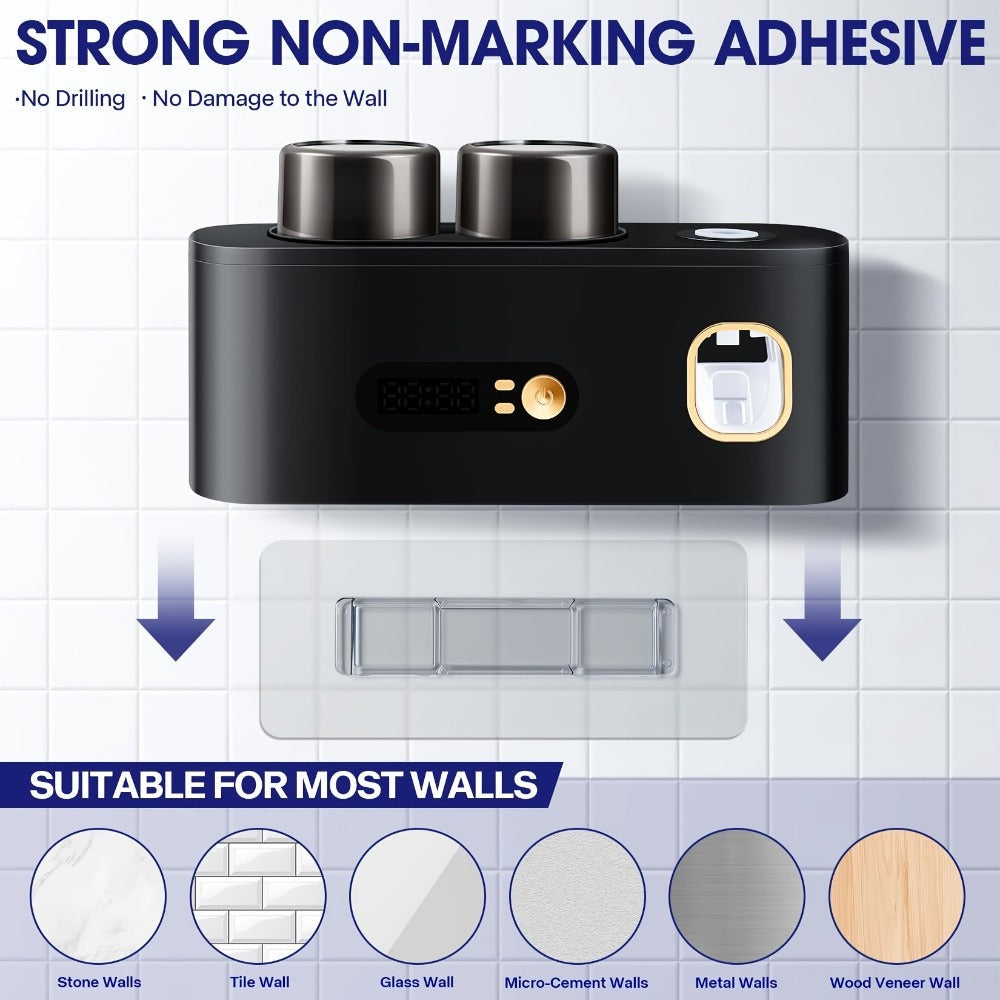 Portacepillos de dientes inteligente de pared automático y dispensador de pasta de dientes con UVC, una operación, panel de visualización, apto para baño, sistema de secado higiénico, ahorra espacio para baños pequeños, exprimidor automático de pasta de d