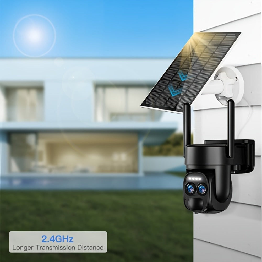 [10X Zoom] Cámara CCTV de bajo consumo con panel solar, batería, 360 grados, 2K FHD, Wifi, con alarme de foco, detección de movimiento, visión nocturna a color y audio bidireccional