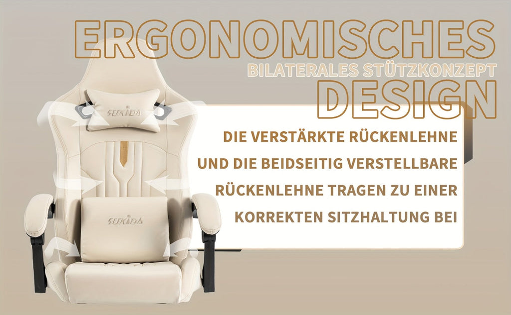 Silla de Juego y Oficina, Silla de Computadora con Reposapiés, Reposacabezas y Soporte Lumbar, Silla Ergonómica, Silla Giratoria y Ajustable en Altura, Opciones en Gris, Beige, , Marrón y Verde