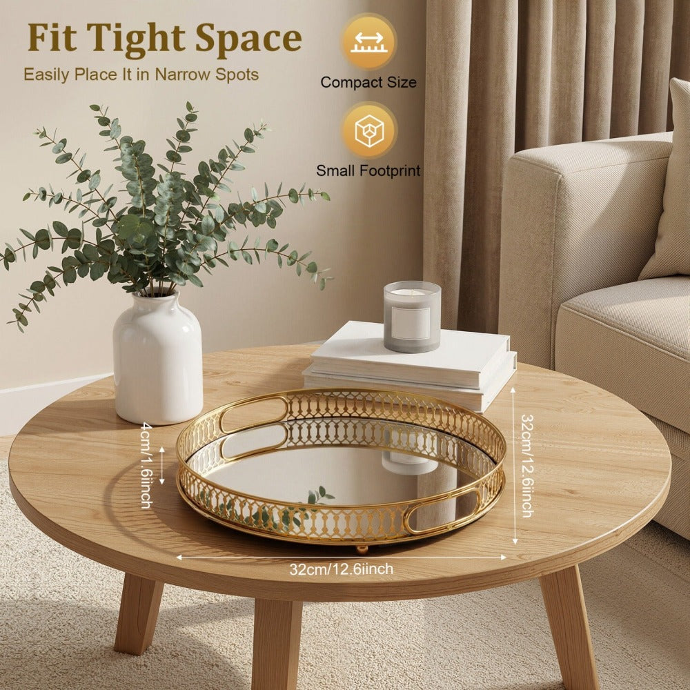 Bandeja redonda de cristal dorado con espejo y compartimentos de cristal - Bandeja de servir decorativa adecuada para tocador, estante de baño, expositor de perfumes, marco de espejo para encimera, almacenamiento de cómoda - Cristal elegante