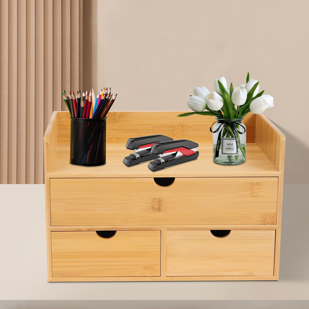 Organizador de escritorio, Organizador de escritorio de bambú con cajón, Caja de escritorio de bambú, Adecuado para guardar diversas cosas de necesidades diarias en habitaciones, oficinas, etc. (3 cajones)