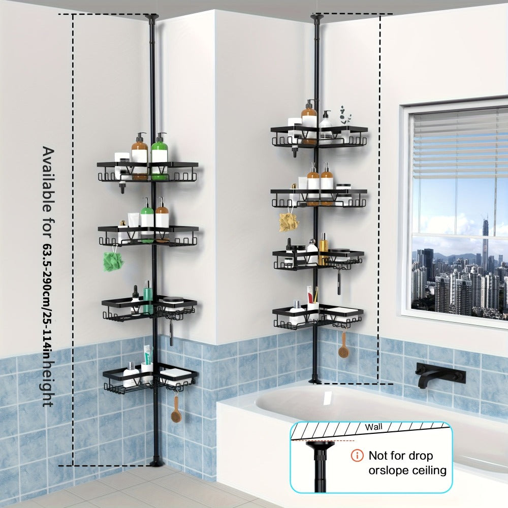 Un estante de esquina robusto y alto para el baño, un estante de esquina ajustable para la ducha que no requiere perforaciones, con un estante de almacenamiento negro de 4 niveles resistente al óxido, ideal para organizar áreas de ducha de esquina - Perfe