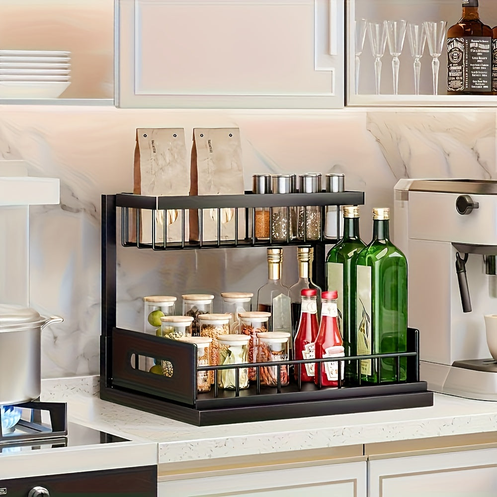 1 estante ajustable para debajo del fregadero, un estante extraíble de metal diseñado para ahorrar espacio con un organizador de doble capa para gabinetes de cocina, perfecto para organizar y despejar tu área de fregadero. Este estante de cocina moderno c