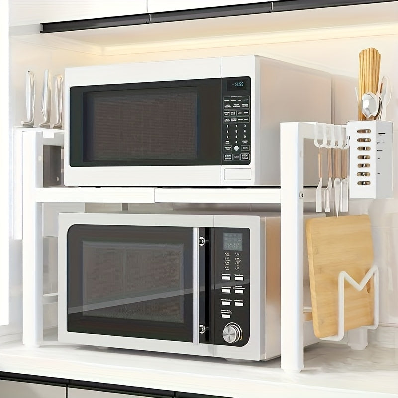 Estante de microondas expandible de metal resistente de 2/3 niveles con 6 ganchos, estante para condimentos, estante de almacenamiento, estante de almacenamiento de cocina ajustable que ahorra espacio, organizador de encimera, estante resistente sobre el