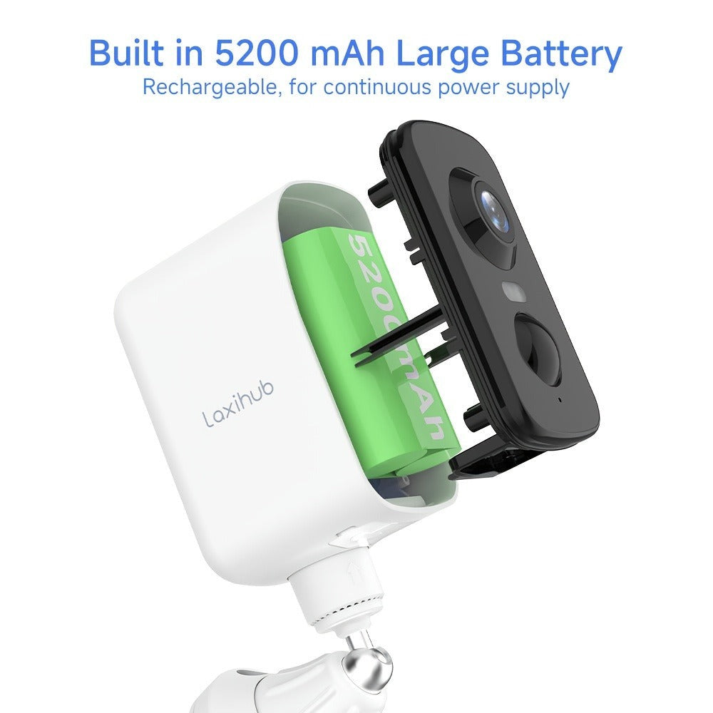Cámara de seguridad LaxiHub Wifi para exterior con batería, resolución de video 3MP 1296P FHD, cámara CCTV con batería de 5200mAh para seguridad del hogar, detección de movimiento con IA, foco, visión nocturna a color, audio bidireccional