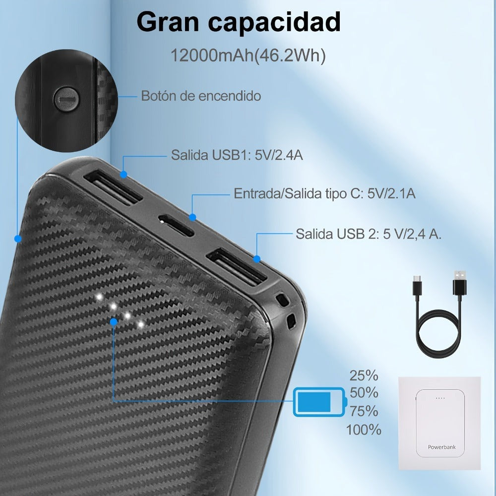 Batería de 12000mAh para Chaleco Calefactor - Power Bank de 5V 2.4A para Chaqueta Calefactora, Sudadera con Capucha y Pantalones, Cargador Portátil USB C Powerbank Compatible con iPhone 16/15/14/13/12/11 Pro/Pro Max, iPad, Samsung, Tablet y Más.