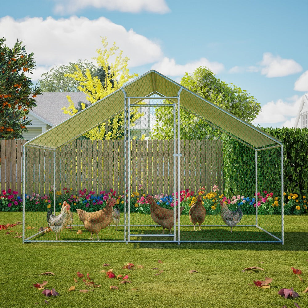 Gallinero 3x2m, Jaula Exterior para Gallinas de Rango Libre, Recinto con Cerradura de Seguridad, Malla Recubierta y Techo de PE, Adecuado para Gallinas, Patos, Conejos y Otros Animales Pequeños