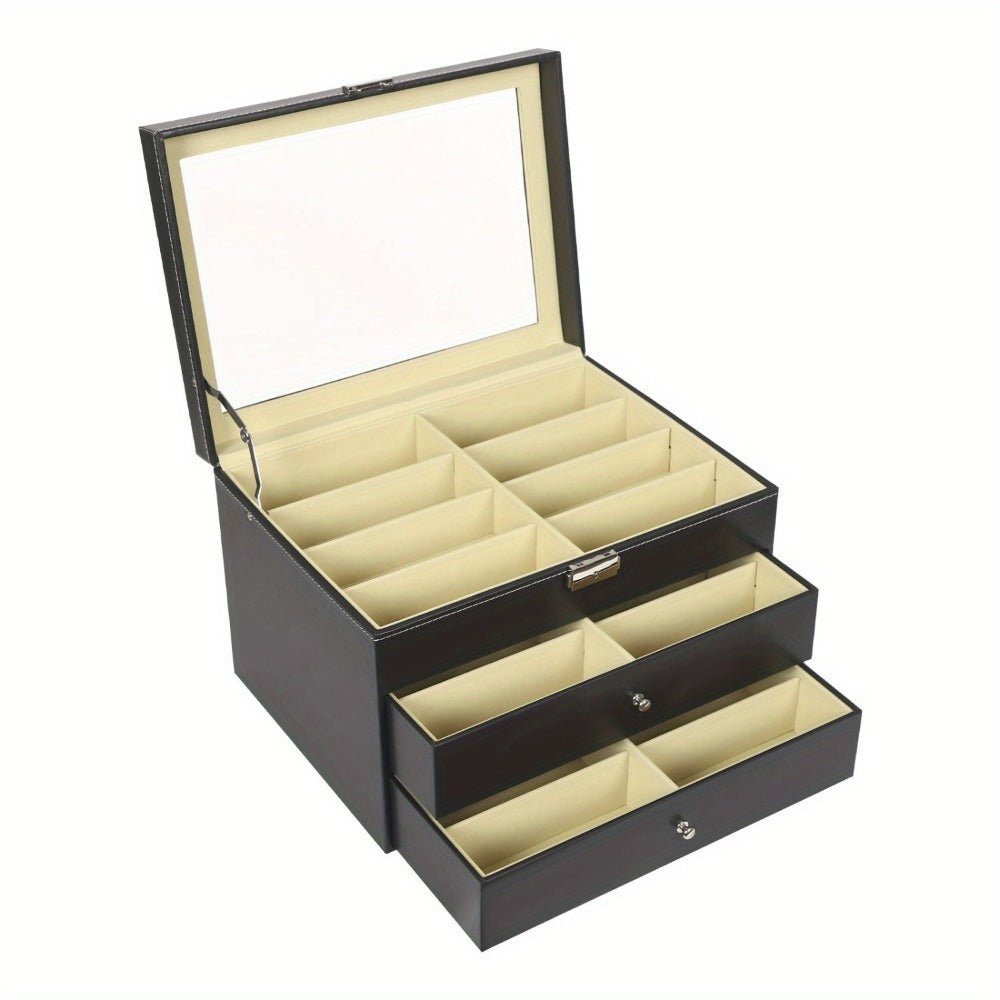 Organizador de gafas de sol, organizador de almacenamiento de gafas de sol, estuche con tapa de cristal para gafas, organizador con cerradura, caja expositora de gafas para mujer y hombre (negro)