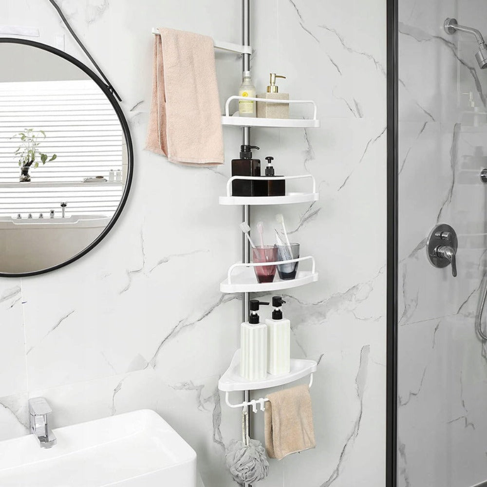 Estante Telescópico de Esquina para Baño, Organizador de Ducha para Bañera, 4 Niveles Ajustables, Montaje sin Taladro con Diseño de Ventosas, Tubo de Aluminio Estable y Estantes de Plástico con Agujeros de Drenaje, Altura Máxima de hasta 320 cm, Resistent