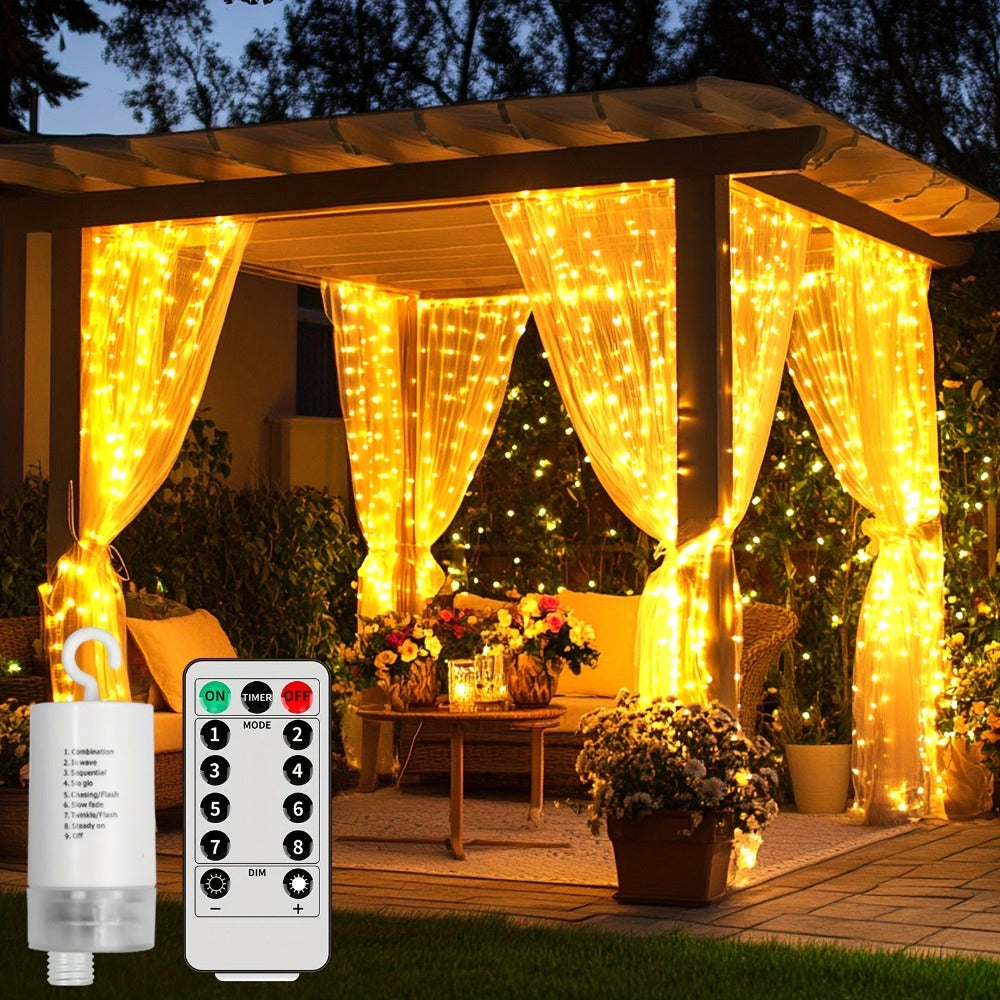 Cortina colgante de cielo estrellado con luces LED en cascada, a pilas, 3.35 metros x 3.35 metros, control remoto de precisión, múltiples modos, regulable, para bodas, luz de ventana de piso a techo, luz decorativa de lujo, para dormitorio, porche, cenado