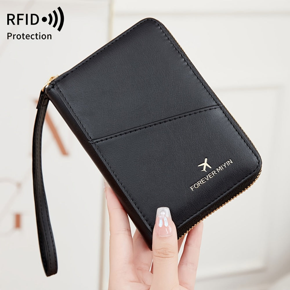 Portapassaporte RFID con cremallera y correa de muñeca, bolsa de almacenamiento multifuncional portátil para viajes, pasaporte y documentos, tarjetero