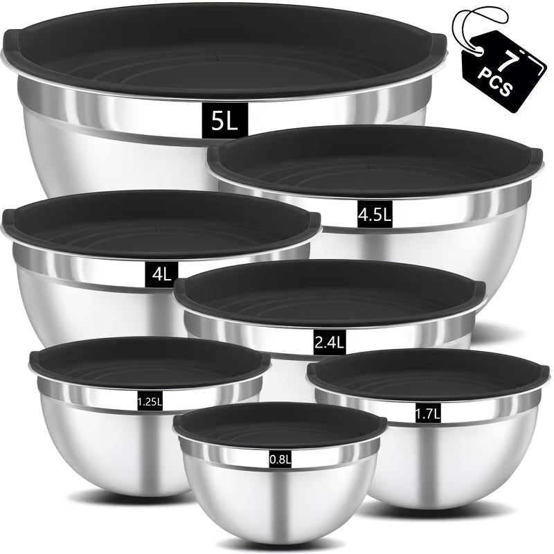 Juego de 7 piezas de ensaladeras prémium de acero inoxidable con tapas, juego de ensaladeras apilables, cuencos duraderos y gruesos, aptos para ensaladas, aptos para lavavajillas y microondas, ideal para Navidad, Hanukkah, Pascua, Acción de Gracias, almac