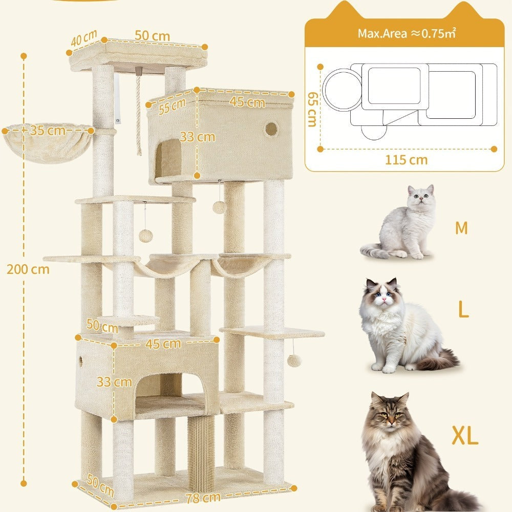 Poste Rascador para Gatos 200cm XXL, Incluye 10 Postes Rascadores, 2 Camas para Gatos, 2 Hamacas, Plataforma Grande, Cepillo para Gatos, Cesta, Árbol para Gatos de Alta Resistencia, Adecuado para Maine Coons y Gatos Grandes, Gris Claro, Gris Oscuro, Beige