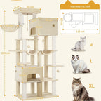 Poste Rascador para Gatos 200cm XXL, Incluye 10 Postes Rascadores, 2 Camas para Gatos, 2 Hamacas, Plataforma Grande, Cepillo para Gatos, Cesta, Árbol para Gatos de Alta Resistencia, Adecuado para Maine Coons y Gatos Grandes, Gris Claro, Gris Oscuro, Beige