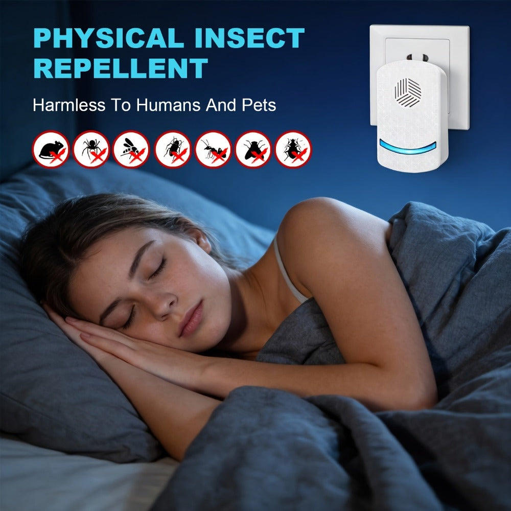 Juego Familiar de 4 piezas, Repelente Ultrasónico de Mosquitos de 6ª Generación, Enchufe EU, Tecnología Ultrasónica Inteligente, Repele Potentemente Ratones, Cucarachas, Mosquitos, Moscas y Otros Plagas, Adecuado para Entornos Interiores como Dormitorios,