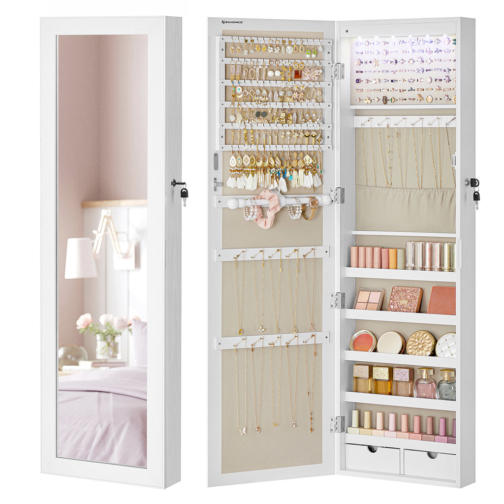 Armario Joyero Con Espejo, Joyero Para Pared O Puerta, Con Cerradura, 2 Cajones, 10 X 37 X 120 Cm, organizador pulseras collares pendientes anillos, diseño moderno accesorios joyas decoración dormitorio elegante, Regalos de Festivos, Regalos de Navidad