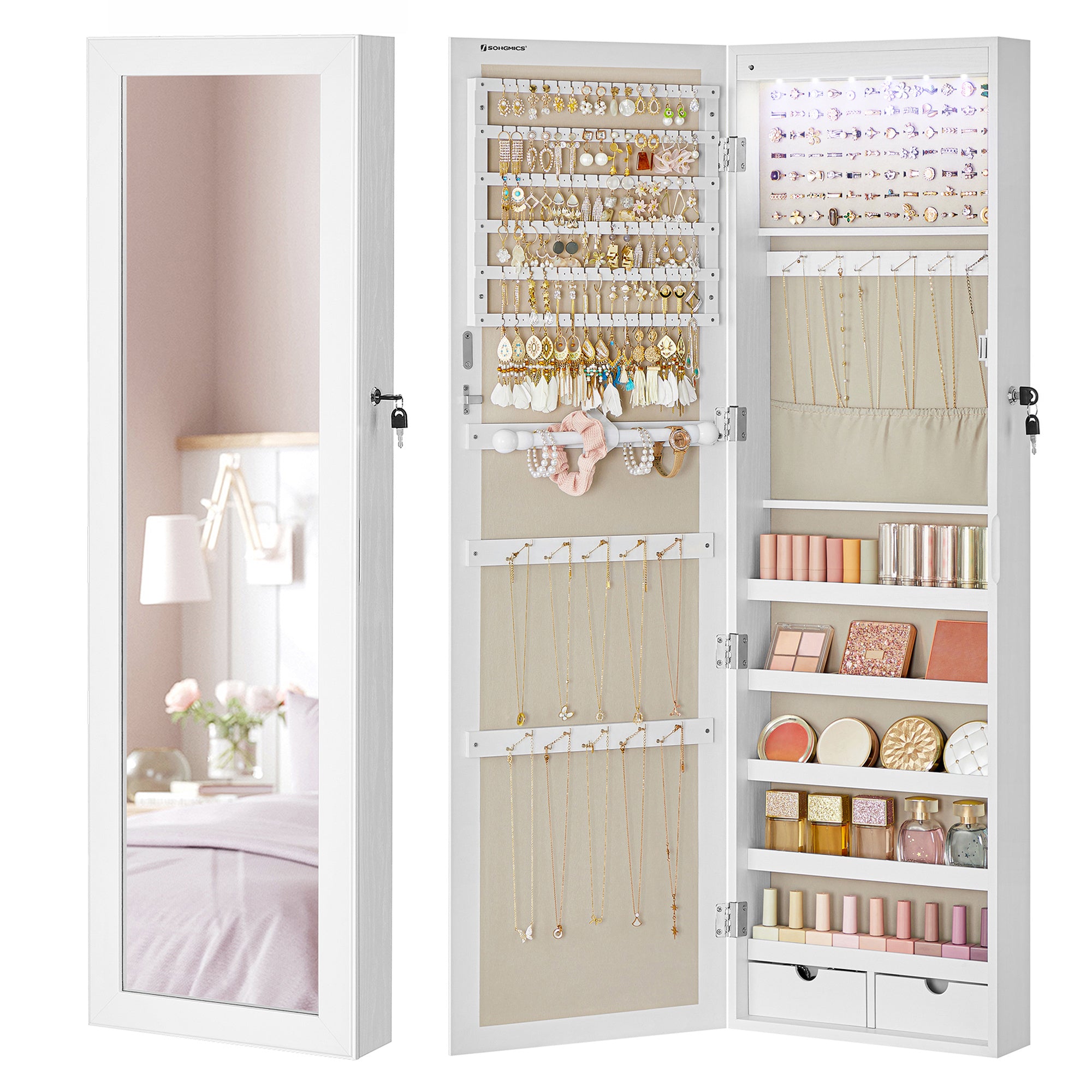 Armario Joyero Con Espejo, Joyero Para Pared O Puerta, Con Cerradura, 2 Cajones, 10 X 37 X 120 Cm, organizador pulseras collares pendientes anillos, diseño moderno accesorios joyas decoración dormitorio elegante, Regalos de Festivos, Regalos de Navidad