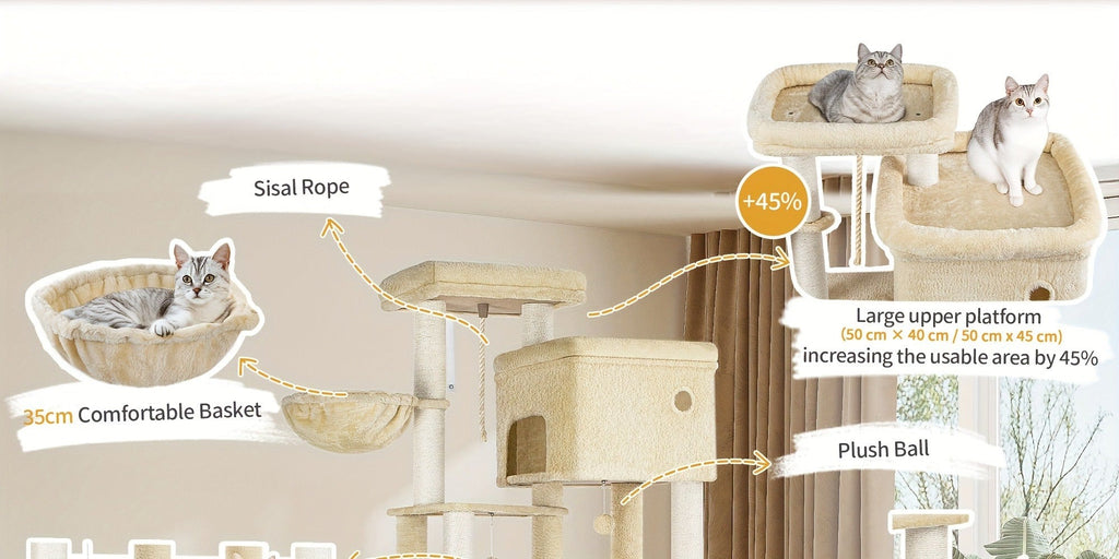 Árbol para gatos, Árbol para gatos XXL de 200 cm con 10 postes para rascar, 2 cuevas, 2 hamacas, plataforma grande, cepillo para gatos, cesta, árbol para gatos resistente para Maine Coon y gatos más grandes, gris claro/gris oscuro/beige