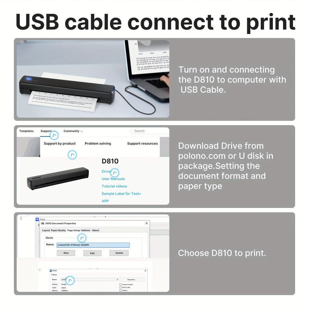 Impresora portátil sin tinta D810B, impresora inalámbrica de viaje, máquina térmica para tatuajes, compatible con papel térmico A4 y carta estadounidense, compatible con teléfonos móviles y portátiles, adecuada para negocios, viajes, oficina y hogar