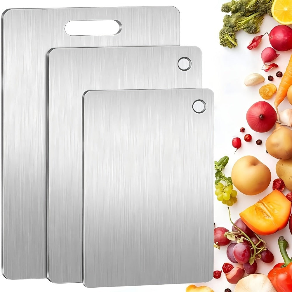 Juego de 3 tablas de cortar de acero inoxidable, diseño portátil, duraderas, fáciles de limpiar, pueden estar en contacto directo con alimentos, aptas para cortar frutas, verduras, carne y pan, varios tamaños para satisfacer necesidades diarias.