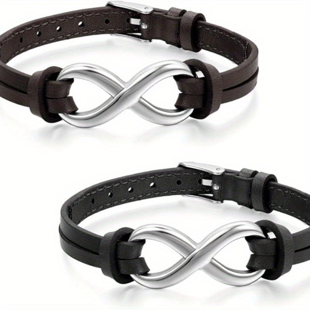 Pulsera JewelryWe de cuero sintético con dije de amor infinito de acero inoxidable para hombre y mujer, ajustable 17.78-21.08 cm