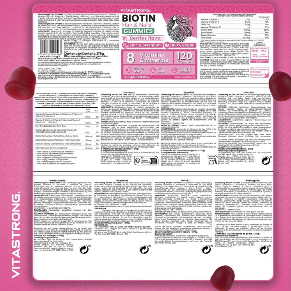 Vitastrong Complejo de Biotina Vegano, 120 Gomitas, Suplemento Alimenticio Sin Azúcar con Biotina, Vitamina C, Vitamina E, Zinc, Vitamina B6, Folato, Selenio e Iodo