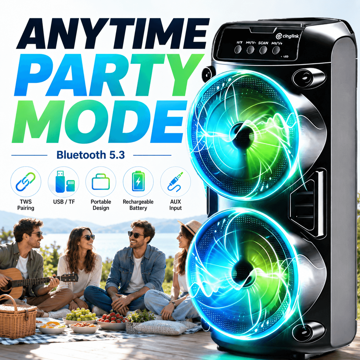 Altavoz Inalámbrico Portátil con Subwoofers Duales de 3 Pulgadas para Bajos Potentes, Radio FM, Luces LED para Fiestas, Micrófono Incorporado y Altavoces de Alto Volumen. Ideal para Uso Doméstico, Cumpleaños, Camping, Día de San Valentín, Pascua, Día de l