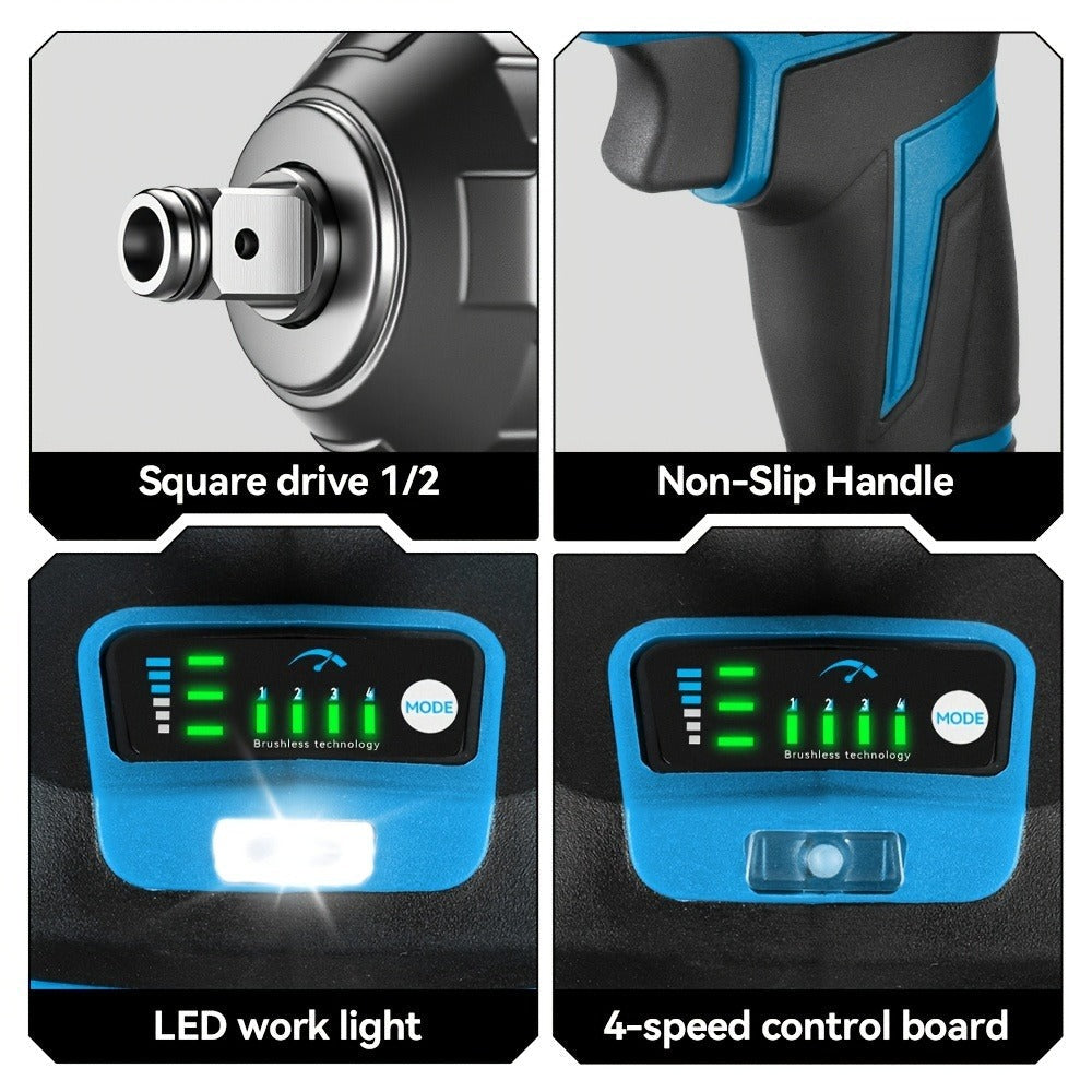 Llave eléctrica sin escobillas de 1000 N.m, juego de taladro eléctrico sin destornillador de 1/2 pulgada, 4 velocidades ajustables, adecuada para reparación de coches, instalación de muebles y andamios, compatible con baterías ONEVAN, una herramienta eléc